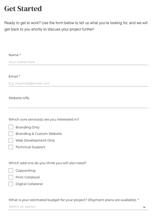 request quote form on website development agency website