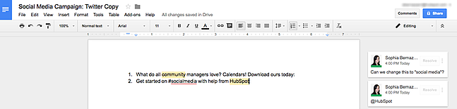 Google Docs document with projects listed and comments on those projects