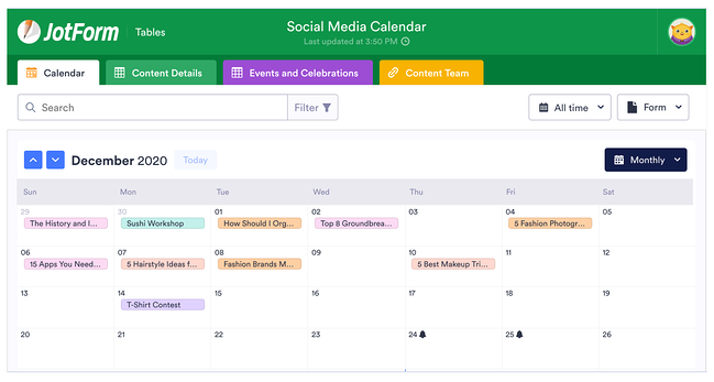 content calendar examples: jotform social media content calendar