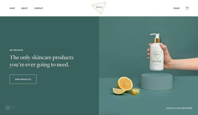 homepage for the accessible website example mysa skincare