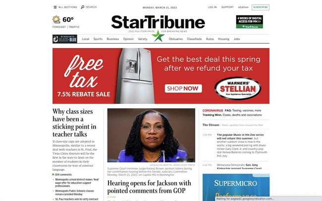 StarTribune website built with AngularJS features latest stories