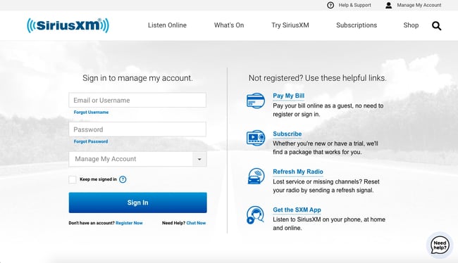 SiriusXM Care website built with AngularJS features log-in form