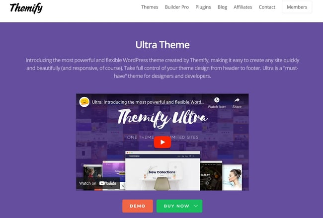 product page for the premium wordpress theme Themify Ultra