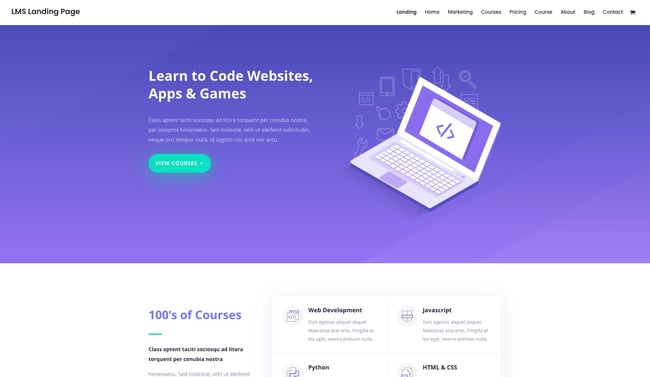 demo page for the online course wordpress themes- divi 