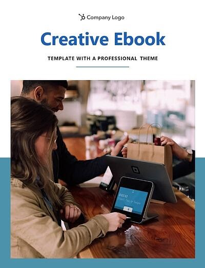 example page from the professional theme that reads "creative ebook template with a professional theme" along with a photo in the center and banded blue background