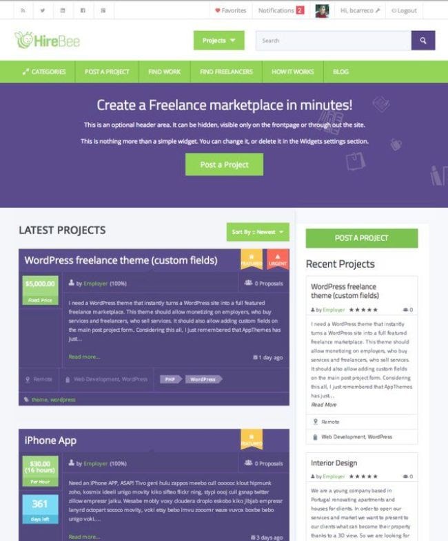 HireBee WordPress Theme Homepage with purple and green layout