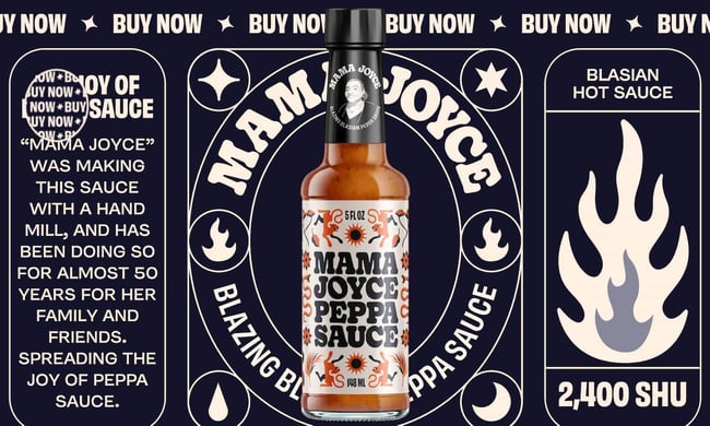 vintage website design example: mama joyce peppa sauce