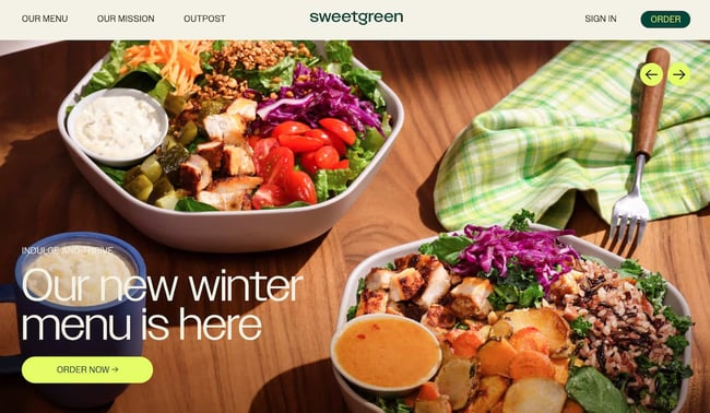 home page for the best restaurant website design sweetgreen