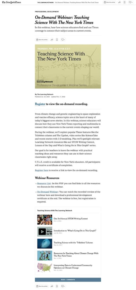 webinar landing page examples: new york times