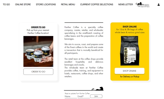 website example of the coffee shop website panther cafe