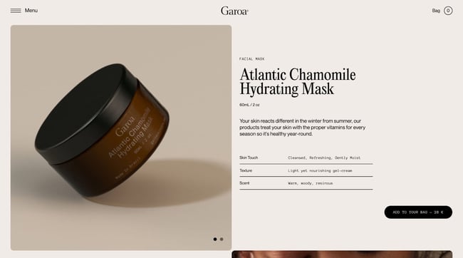 product page on the the award-winning website garoa skincare