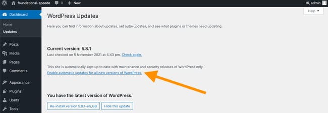 Come aggiornare WordPress automaticamente tramite Dashboard: "Abilita aggiornamenti automatici per tutte le nuove versioni di WordPress"