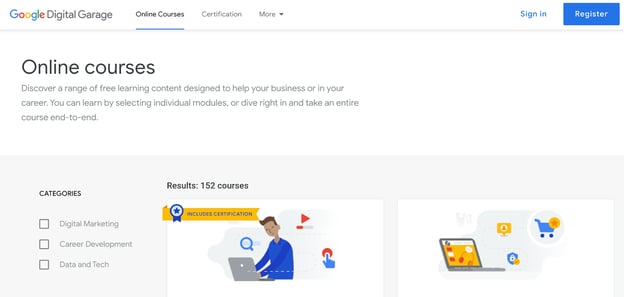 Google Digital Garage marketing certification course homepage