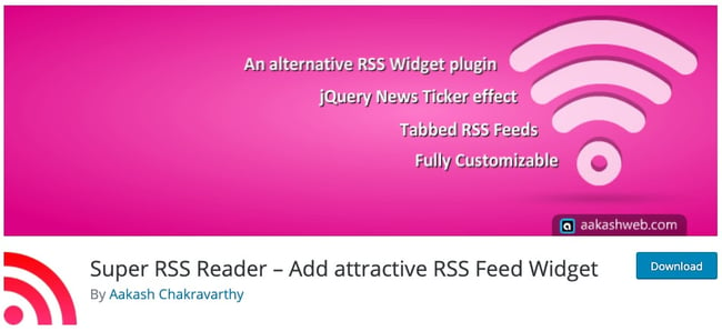 product page for the wordpress rss feed plugin super rss reader