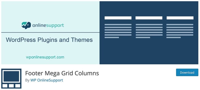 product page for the WordPress footer plugin Footer Mega Grid Columns