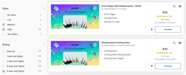 Best website templates common mistakes: ThemeForest Marketplace has filters by user rating to help pick a well-rated template