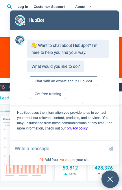 a chatbot on hubspot's homepage