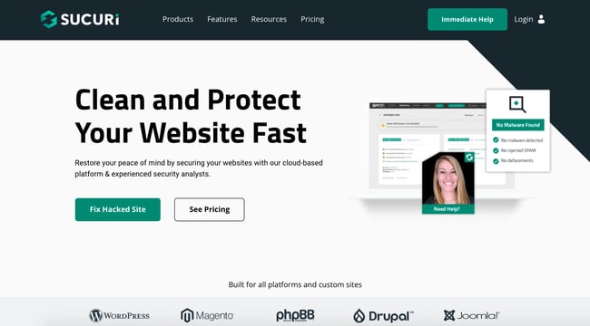 sucuri homepage featuring security services 