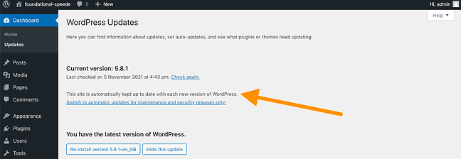 Enable automatic updates for all new versions of WordPress link in dashboard