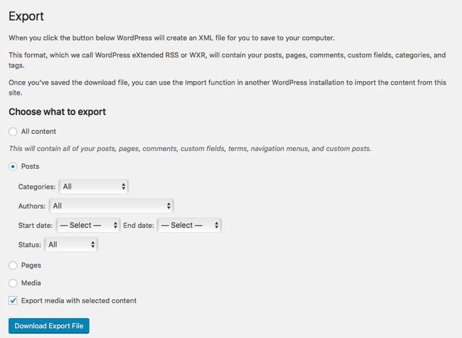 demo page for the wordpress import plugin export media with selected content