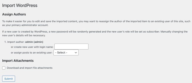 assign authors screen in the wordpress importer