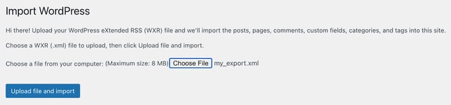 choose file screen in the wordpress importer tool