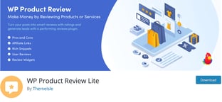 WP Product Review Lite plugin download with animated shopping images in blue and yellow