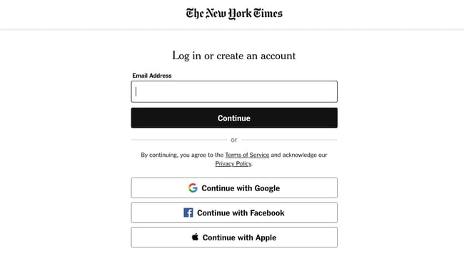 login page example: new york times