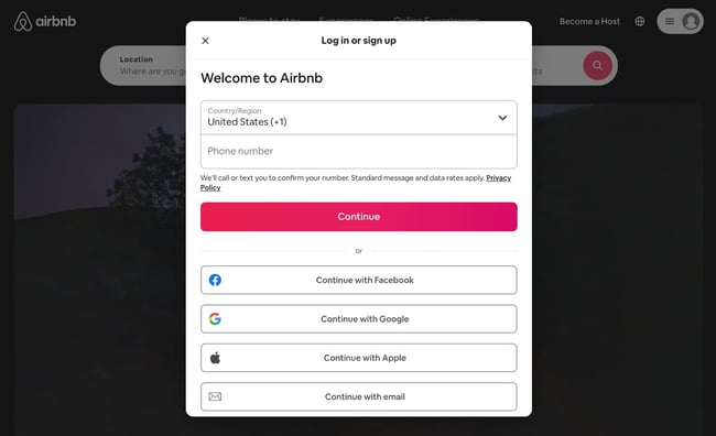 login page example: airbnb