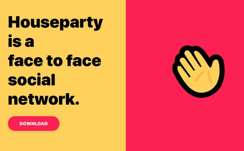 House party website homepage featuring a yellow and red background, yellow waving emoji and tagline.