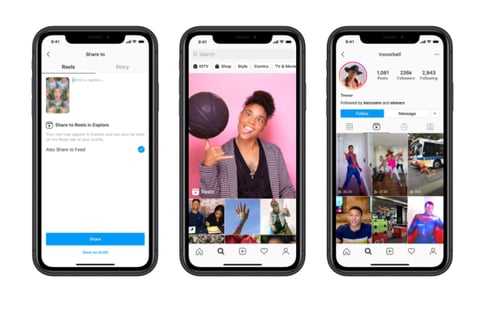 Instagram Reels shown on three separate phone screens