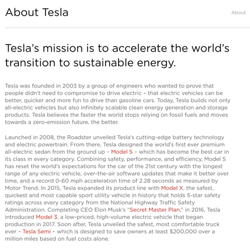 example company description: Tesla