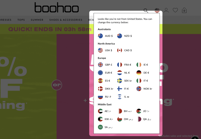 Conversion rate optimization: bohoo allows users to select different currencies
