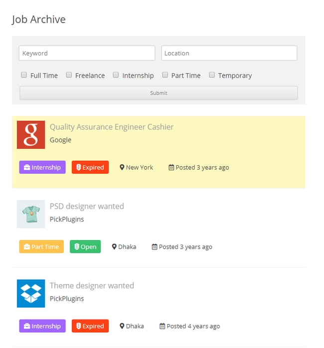 job board plugin for wordpress: Job Board Manager colorful job listing with three positions displayed vertically