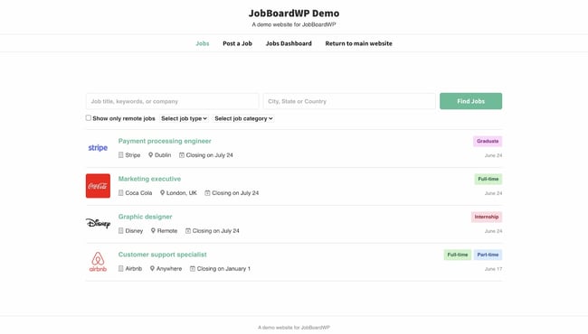 job board plugin for wordpress: JobBoardWP demo with search box and four positions