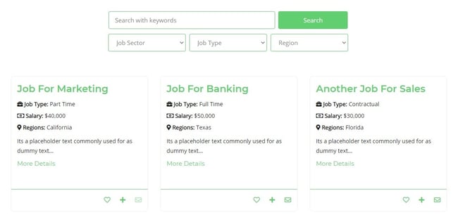 job board plugin for wordpress: Recruitly addon job listing with three positions displayed horizontally