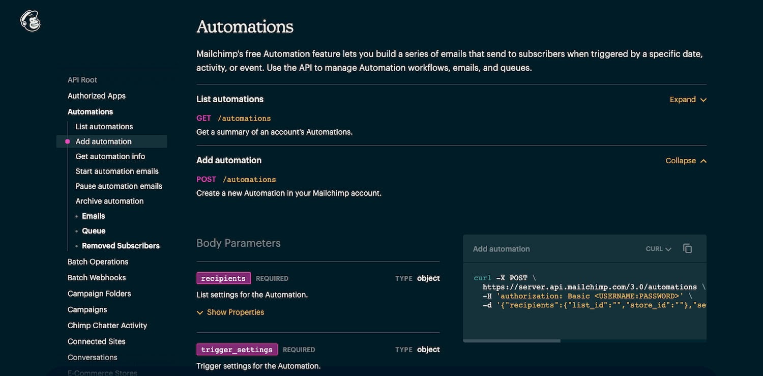 MailChimp's API documentations details its Automations feature  