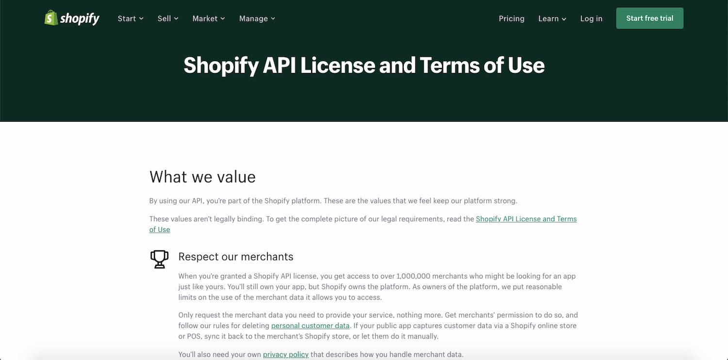 Shopify API Documentation includes Terms of Use