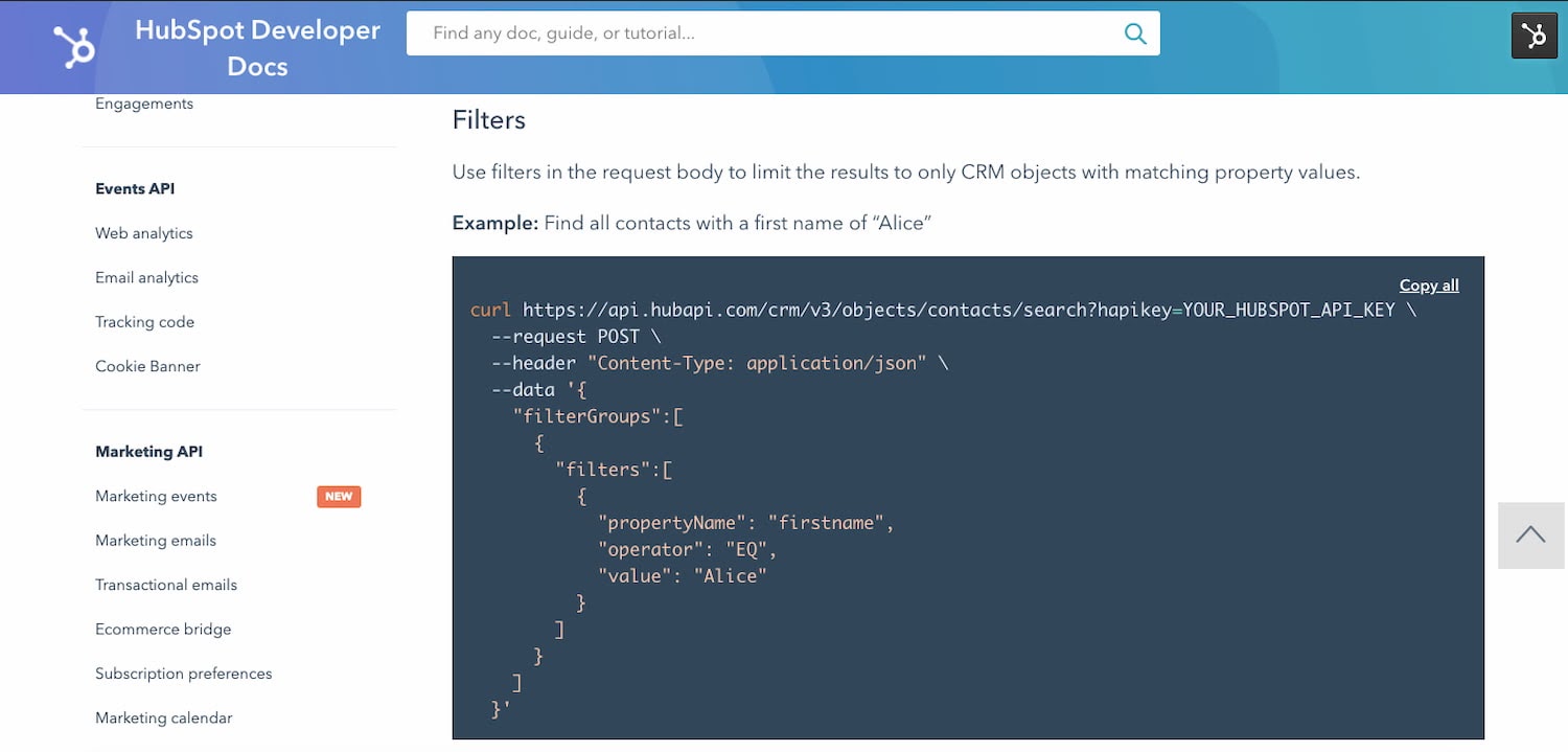 HubSpot API documentation includes code examples for the CRM API endpoint