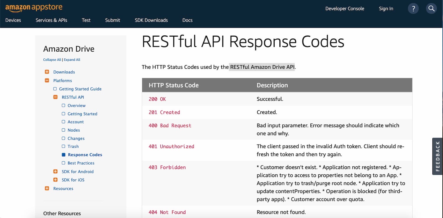RESTful Amazon Drive API documentatino lists out status codes and error messsages