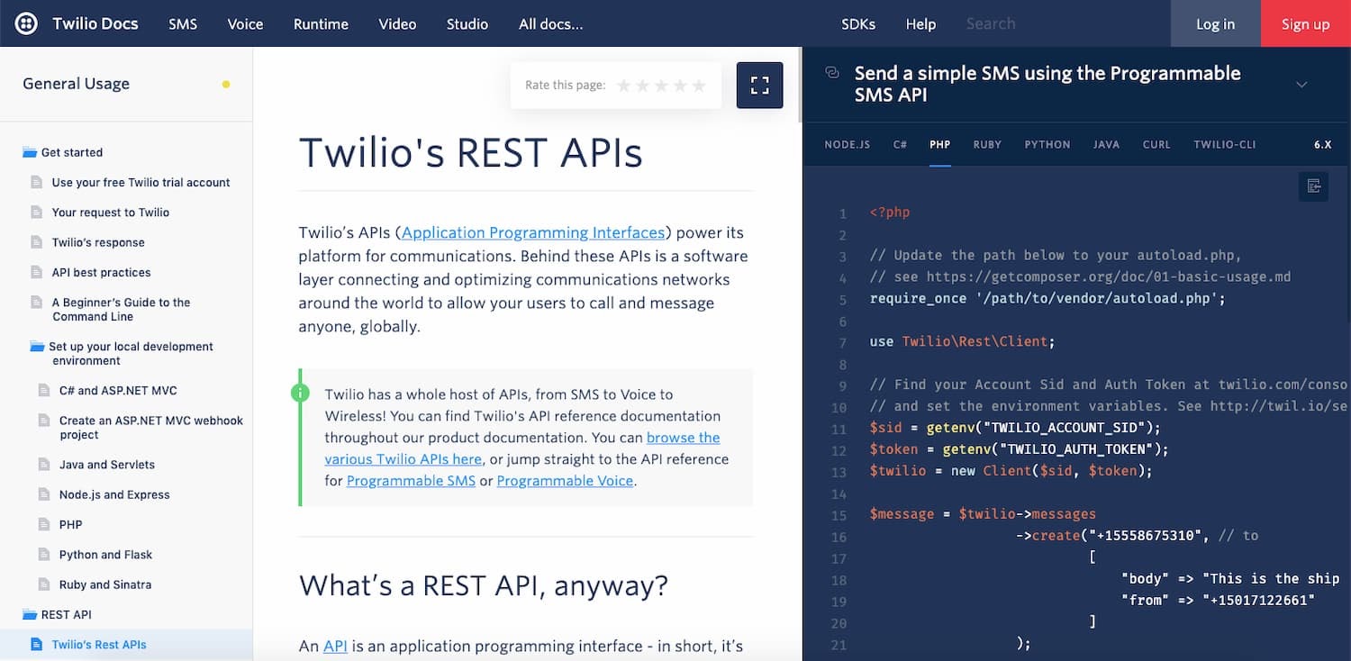 Twilio's REST API documentation is clearly written for humans