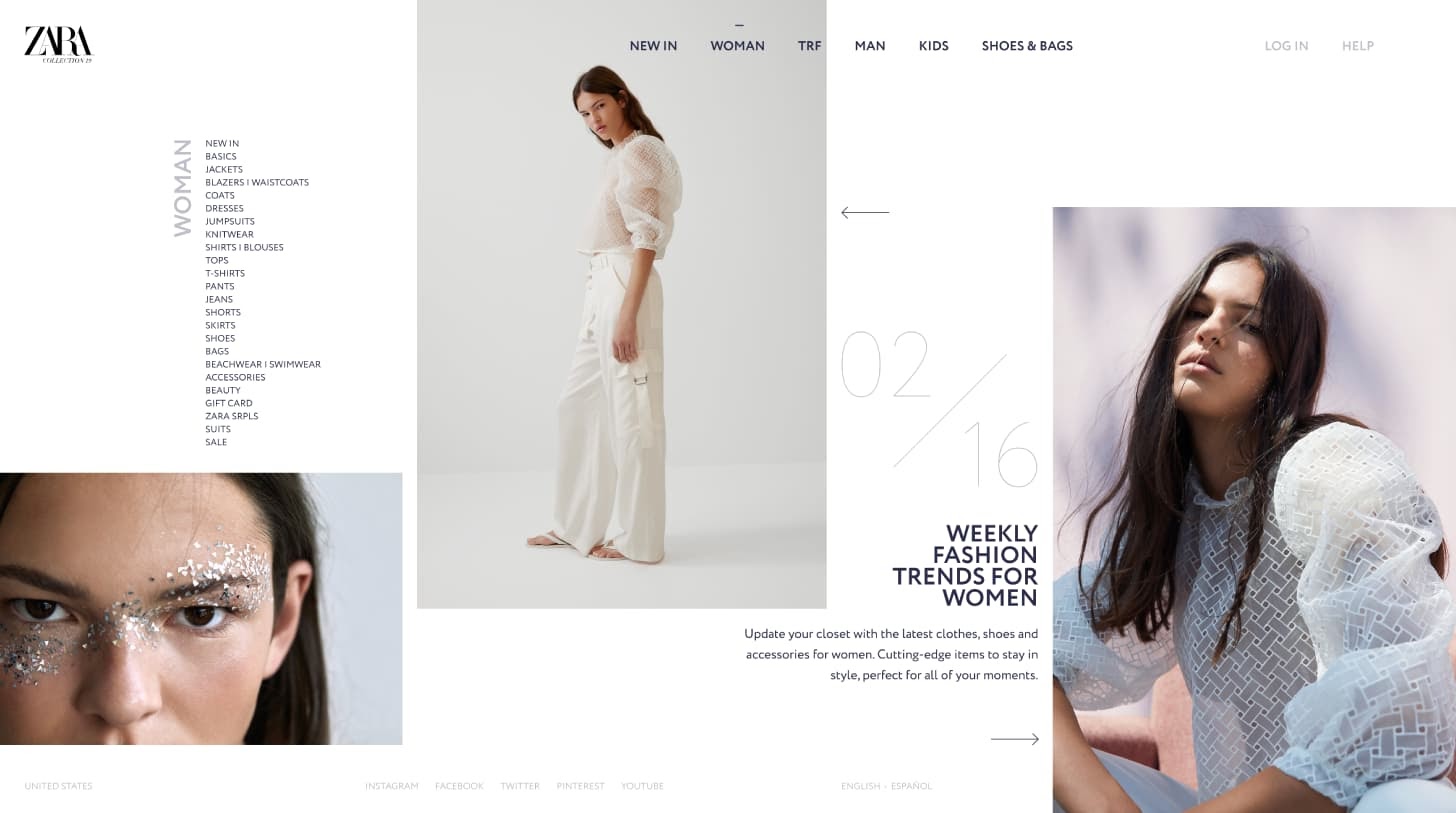 the Zara website in a broken grid layout