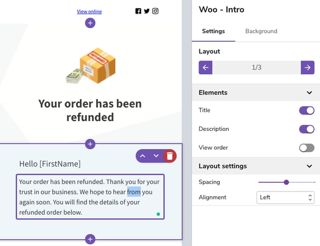 User editing refund email in Creativ.eMail's visual editor