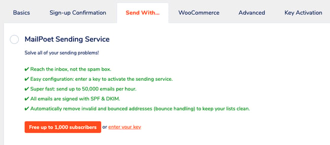 MailPoet sending service option is free up to 1000 subscribers