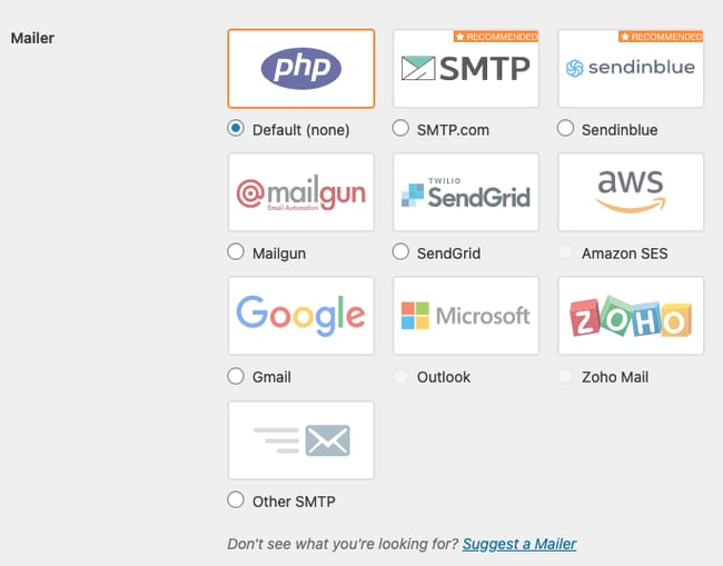 Selecting PhP mailer from a dozen options in WP Mail SMTP plugin settings page