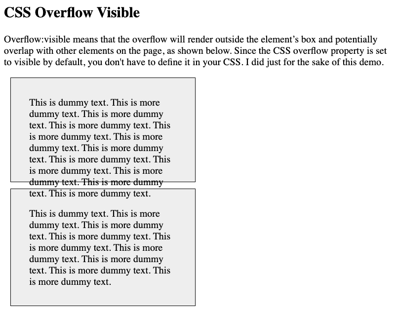 CSS overflow visible example with text from one div overlapping with another