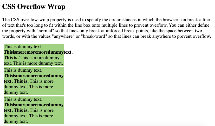 CSS overflow wrap property defined with normal, anywhere, and break-word values