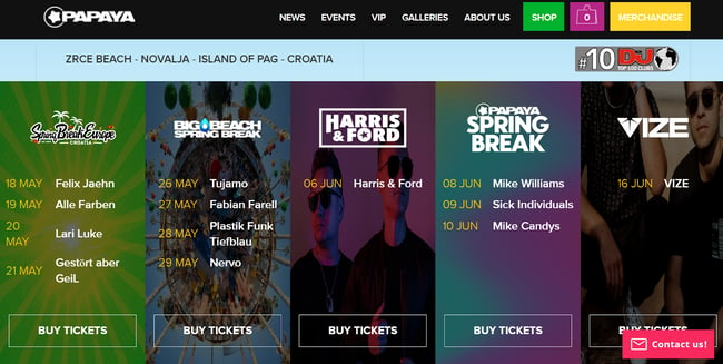 homepage for the nightclub website papaya