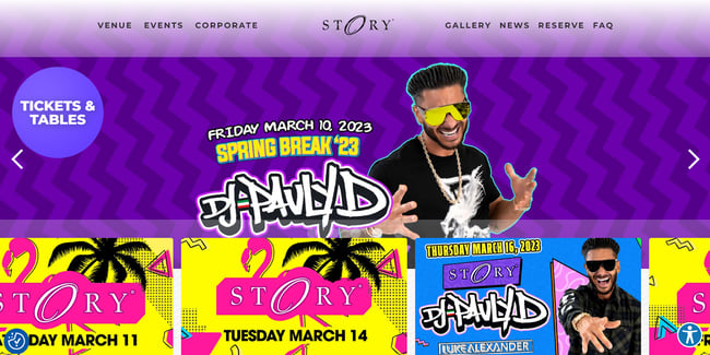 homepage for the nightclub website story