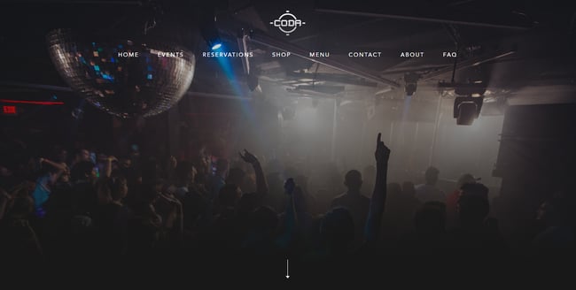 homepage for the nightclub website Coda